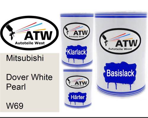 Mitsubishi, Dover White Pearl, W69: 500ml Lackdose + 500ml Klarlack + 250ml Härter - Set, von ATW Autoteile West.